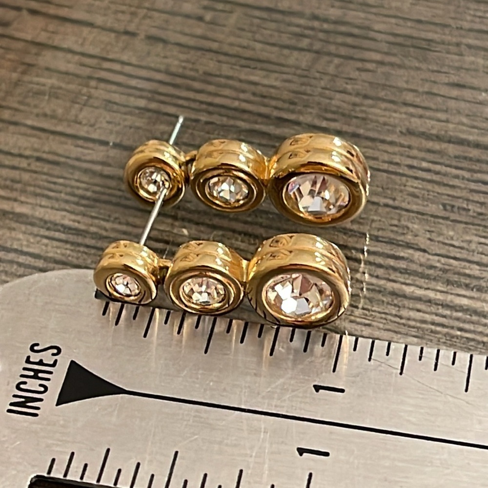 Vintage Swarovski Crystal Three Stone Drop Earrings, Gold-tone - Picture 8 of 16